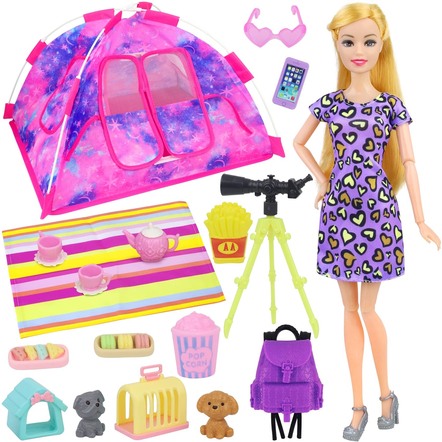 K.T. Fancy 18 PCS Girl Doll Travel Camping Tent Set and Accessories for 11.5 Inch Girl Doll Includes Doll Tent  Clothes  Backpack  Toy Dog  Placemat  Toy Phone  Glasses (Doll NOT Included)