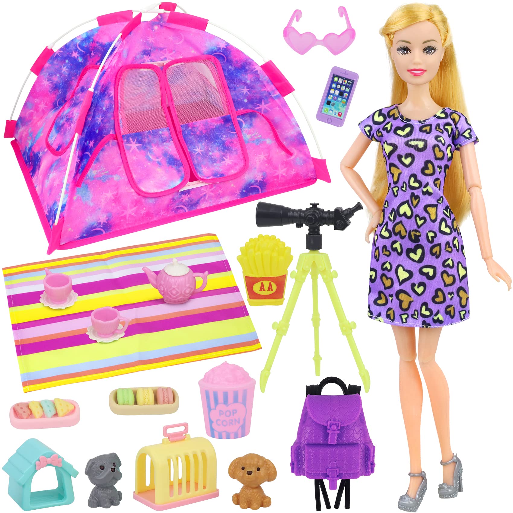 K.T. Fancy 18 PCS Girl Doll Travel Camping Tent Set and Accessories for 11.5 Inch Girl Doll Includes Doll Tent  Clothes  Backpack  Toy Dog  Placemat  Toy Phone  Glasses (Doll NOT Included)