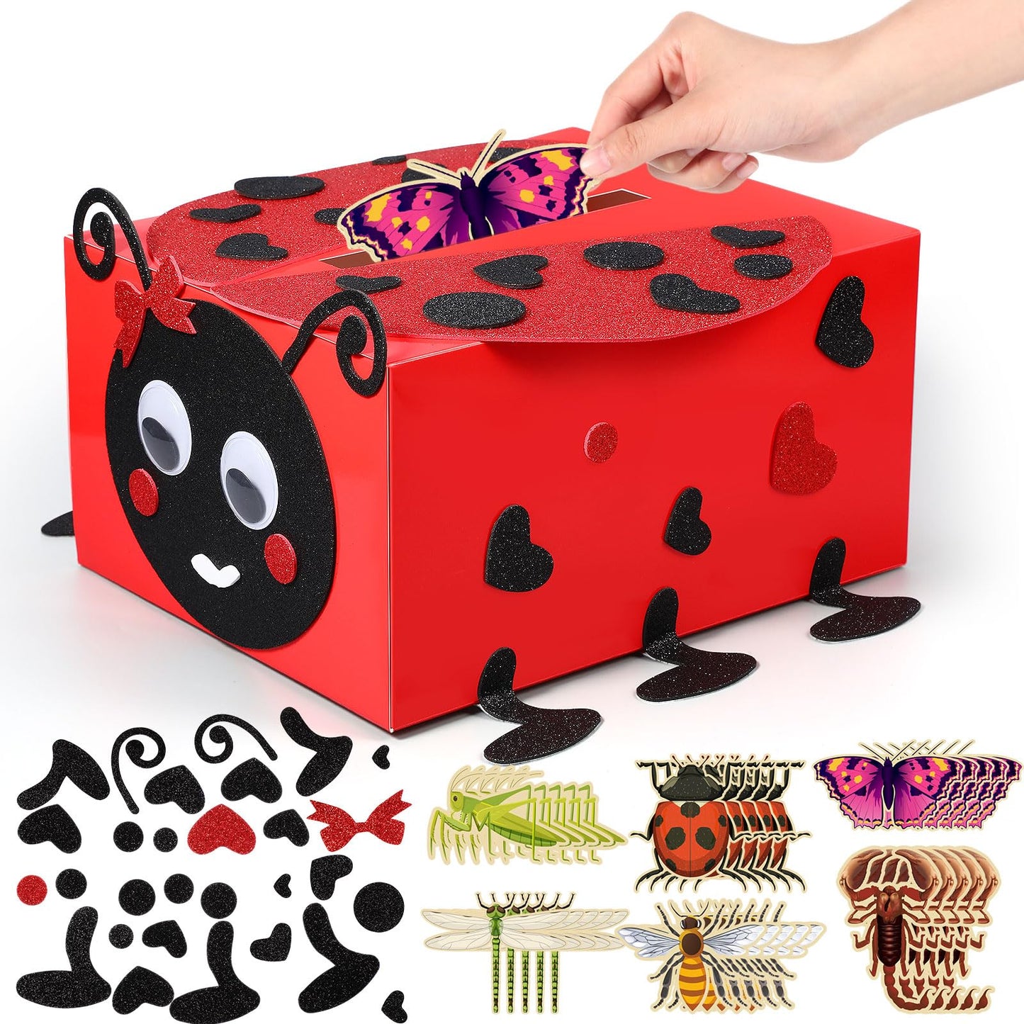 Pasimy DIY Valentines Card Boxes with 30 Insect Greeting Cards DIY Valentine Ladybug Mailbox Craft Kits Valentines Day Love Bug