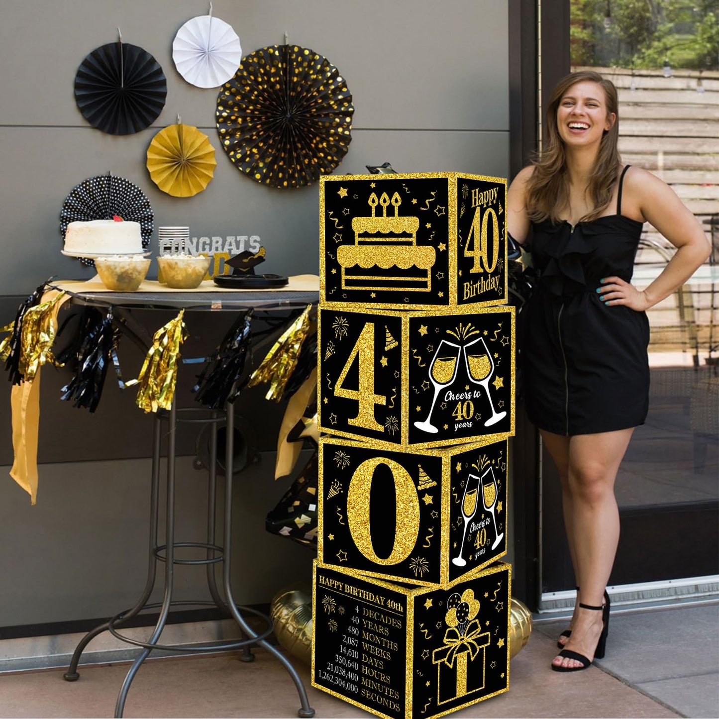 Toniful 4 Pcs 40Th Birthday Decorations Boxes For Men Women,Fourty Years Old Birthday Cardboard Box Party Supplies,Black And Gol