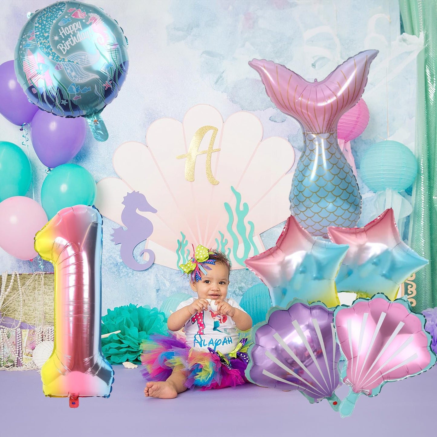 Mermaid 1St Birthday Decorations, 8Pcs Mermaid Party Decorations Balloons, 40 Inch Rainbow Number 1 Balloon, Large Helium Foil Mermaid Tail Balloon, Seashell Balloons For Girls' 1St Birthday Party