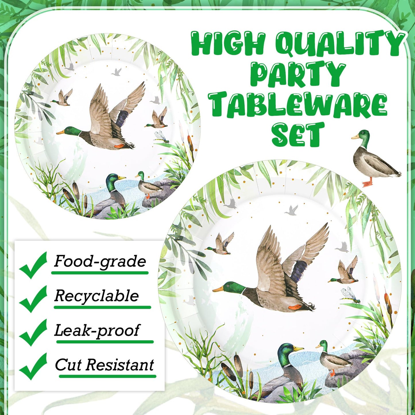 Sunnyray 96 Pcs Mallard Duck Party Decorations Supplies Duck Hunting Birthday Party Tableware Set Mallard Duck Baby Shower Plate