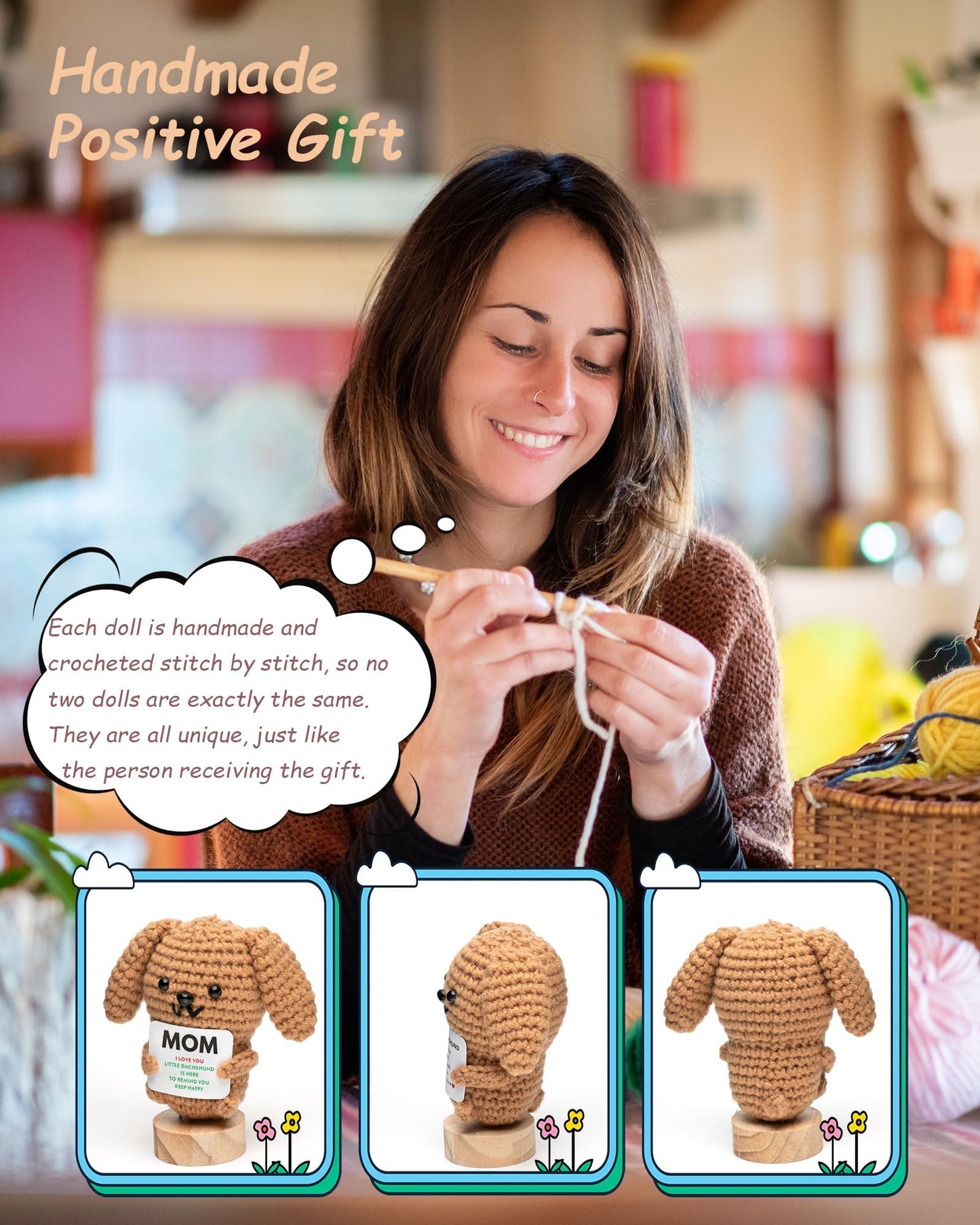 Haliafancy For Mom With Card Decoration, Positive Crochet Animals Dachshund Emotional Support Crochet Doll For Weiner Dog Lovers
