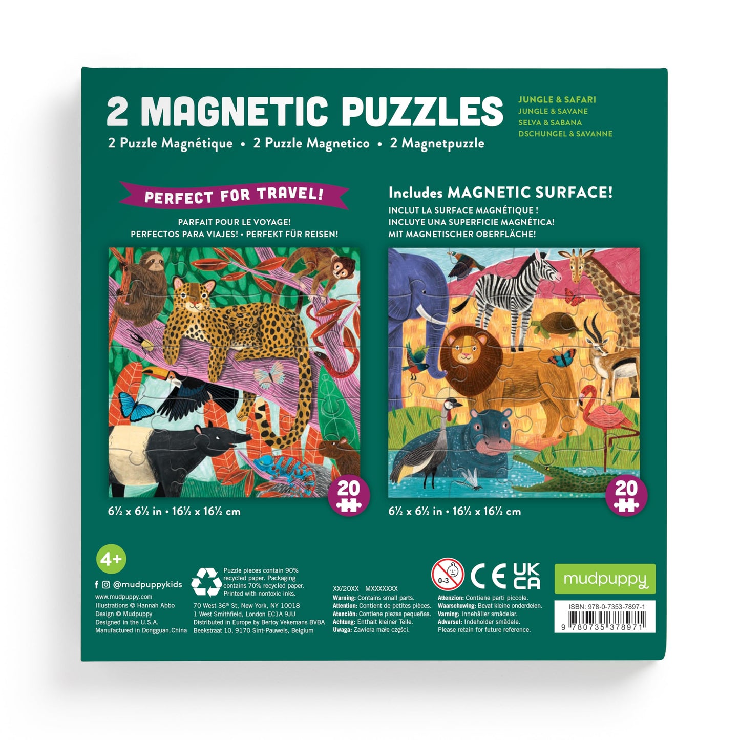 Mudpuppy Jungle & Safari - Tri Fold Magnetic Puzzles Featuring Two 20 Piece Jungle And Safari Themed Artwork