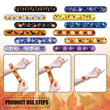 KIMOBER 48PCS Halloween Slap Bracelets,Assorted Snap Wristbands with Pumpkin Witches Ghost Skeleton for Kids Party Favors