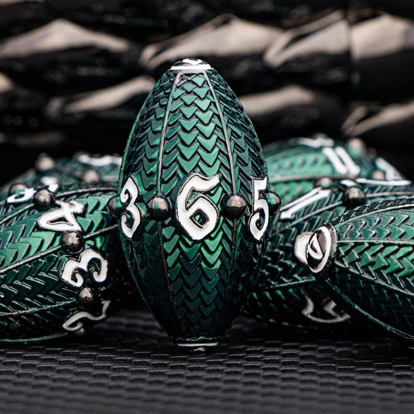 Aruohha Dnd Metal Dice Black Green Dragon Egg Dice With Metal Box, Role Playing Game Rpg Polyhedral D And D Dice Set D20 D12 D10