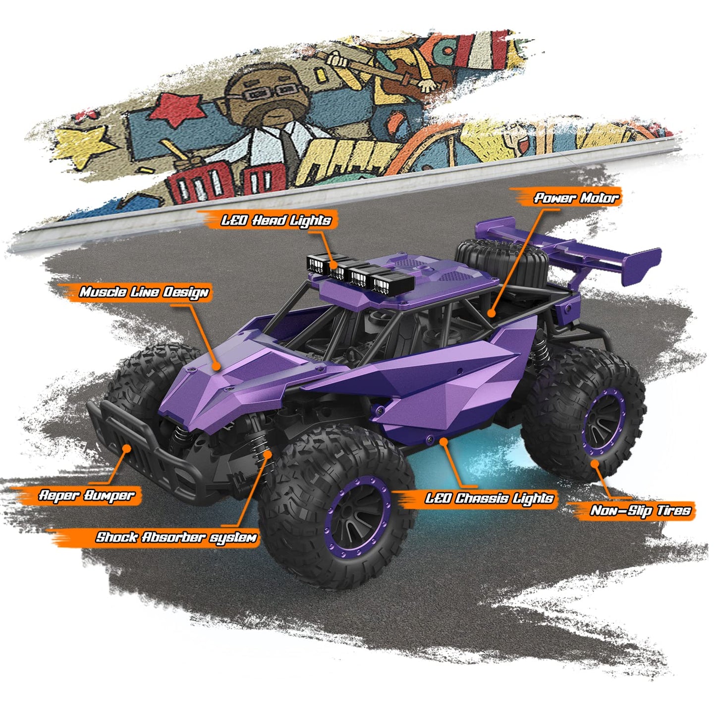 LARVEY 2WD 1:16 Scale Purple RC Car, 20 Km/h Speed, LED Lights, Rubber Tires, Amethyst Viper Color for Girls, Boys, and Adults