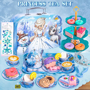 Hohosunlar Frozen Tea Party Set for Little Girls, Princess Gift Toy, Kids Pretend Play Tin Tea Set with Teapot, Tea Cups, Food P