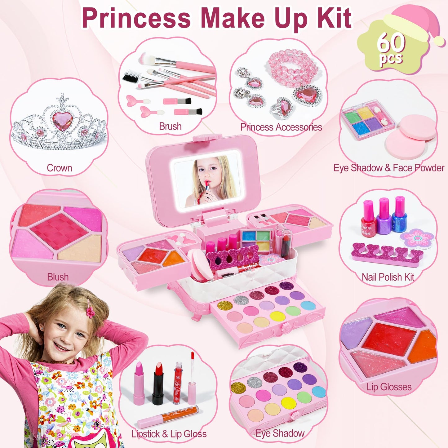 Kids Makeup Kit for Girl with 3-Color LED Lighted Makeup Mirror, DAUXONE  60 Pcs Makeup Set for Girls,Real & Washable Kids Makeu