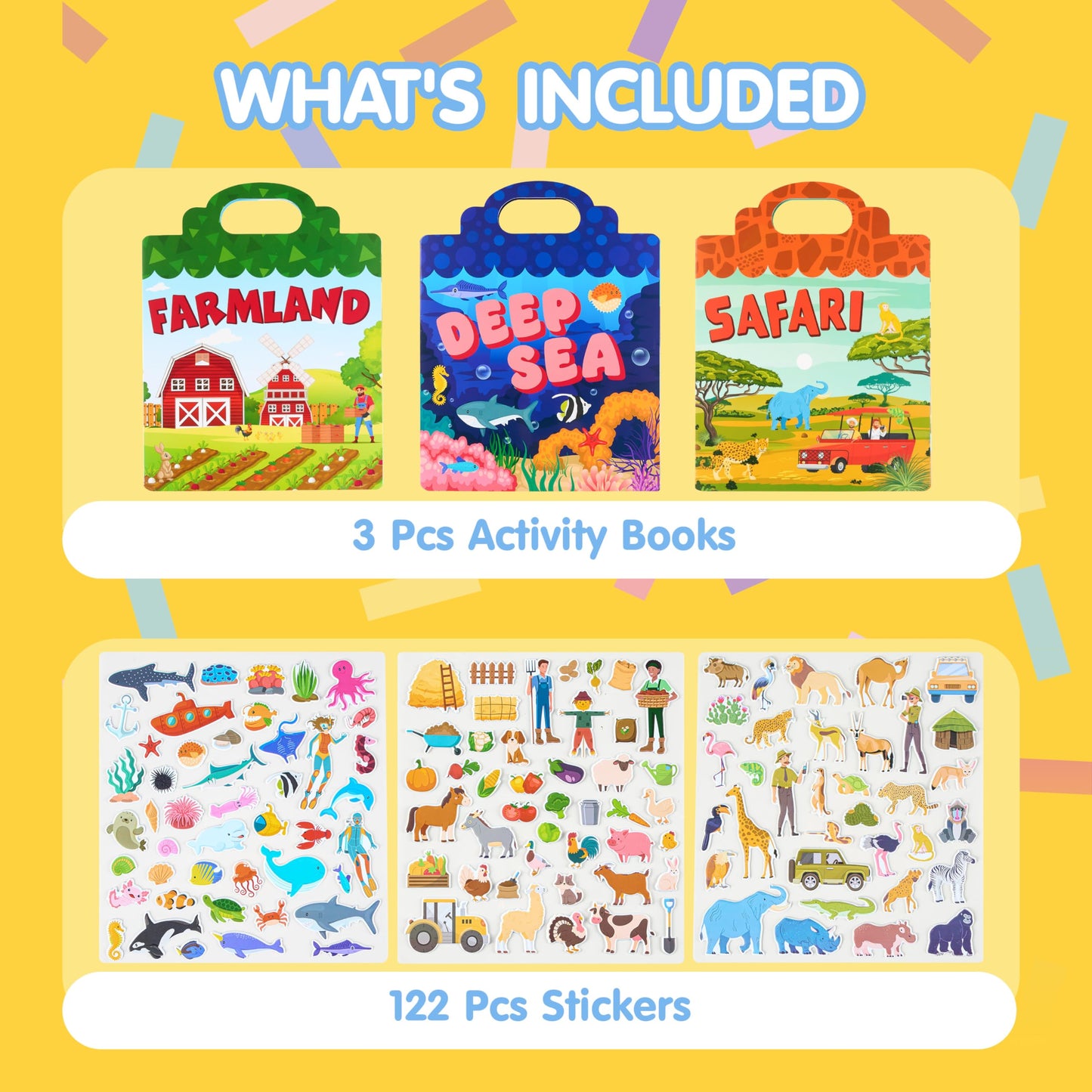 JOYIN 3Pcs Puffy Sticker Books, Reusable Sticker Activity Books for Kids, Travel Toys for Airplane, Cute Restickable Stickers, C