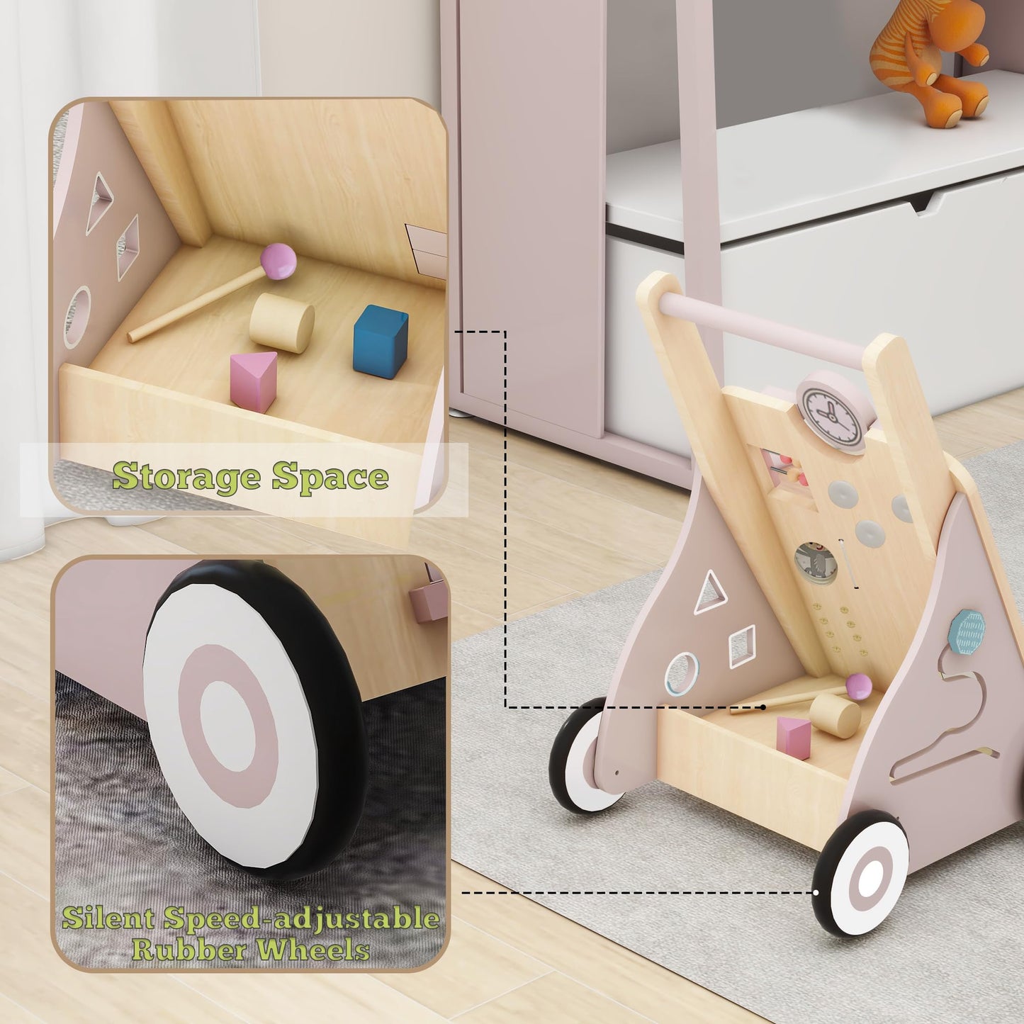 Wooden Baby Walker, Baby Push Walker Adjustable Height And Speed Multiple Learning Activity Walker Baby Walker With Wheels For G