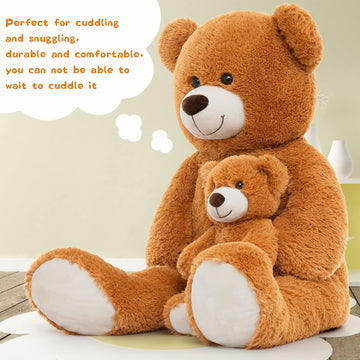 Morismos Giant Teddy Bear Stuffed Animals, Soft Big Mommy And Baby Bear Plush, Large Brown Bear For Boys On Baby Shower Valentine Christmas, 39 Inch