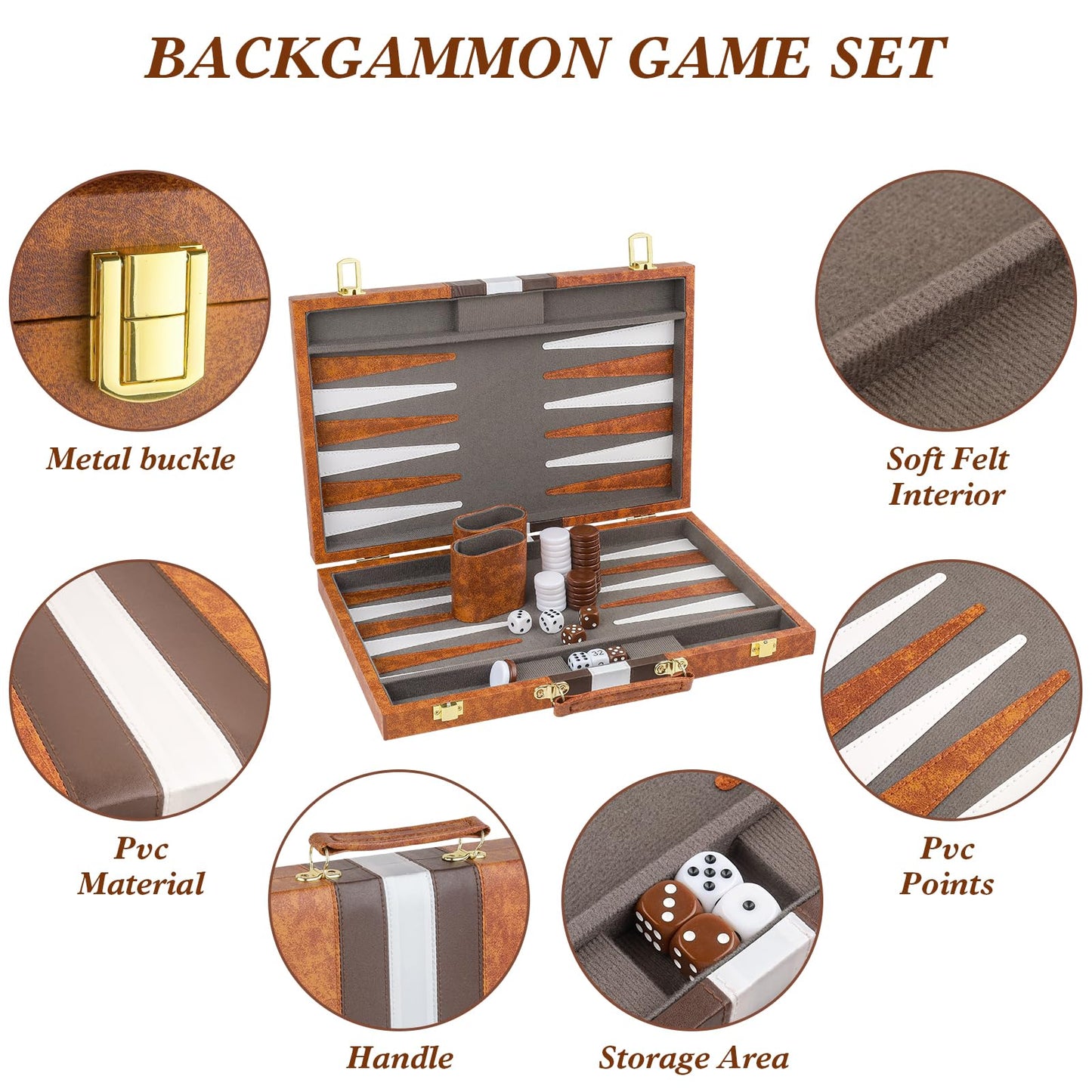 Buweeo Backgammon Set, 15 Inch Portable Board Game With Pu Leather Case For Adults, Brown Backgammon Travel Set