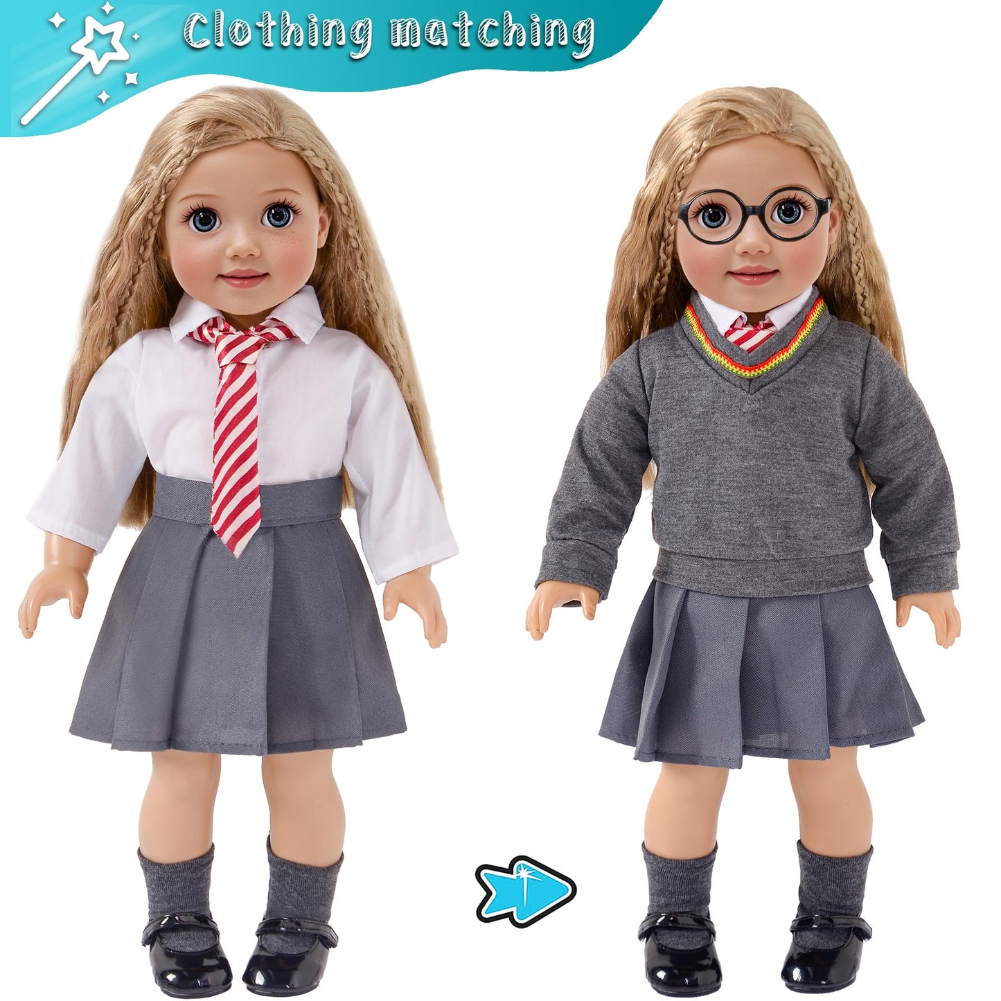 Magic School Uniform Inspired Halloween Costume Doll Clothes Clothing Outfits Accessories Set 10 Pcs For 18 Inch Girl Dolls