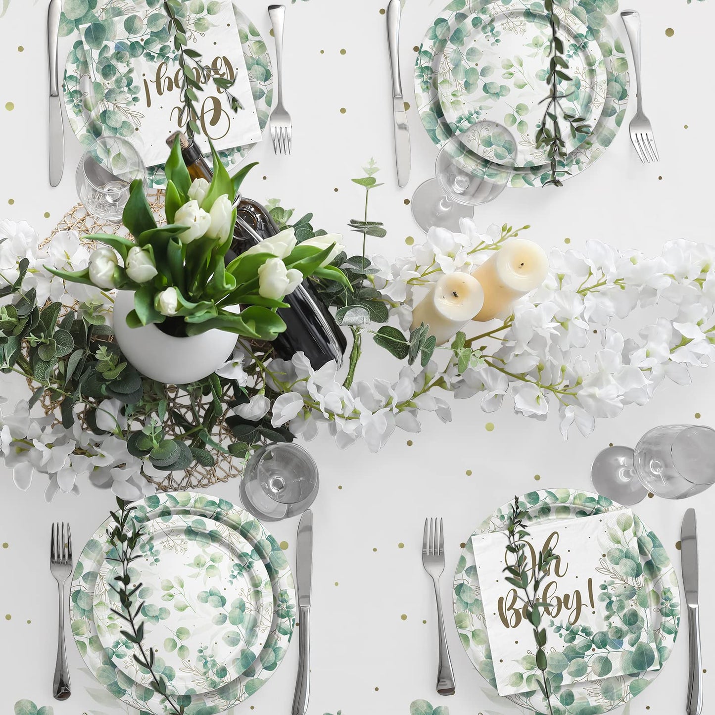 Sage Greenery Baby Shower Party Supplies Disposable Paper Plates Napkins Cups And Tablecloth For Boho Greency Party Decorations,