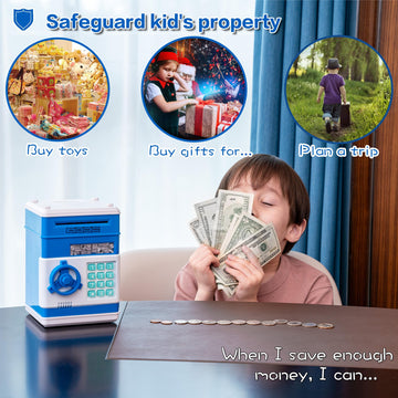 EVTHSU Blue Electronic ATM Safe Piggy Bank for Kids - Real Money Savings Coin Bank with Code Lock & Password, Gift Money Box for