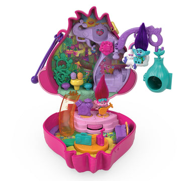 Polly Pocket Trolls Compact Playset with Poppy & Branch Micro Dolls, 13 Accessories, Model HKV39, Plastic