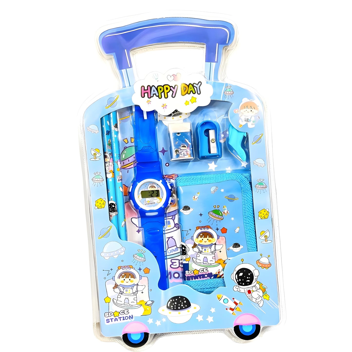 Gift Toyz Cartoon Stationery Kit For Kids | 7Piece School Set With Watch, Pouch, Pencils & Sharpener | Study Gift Pack For Chil