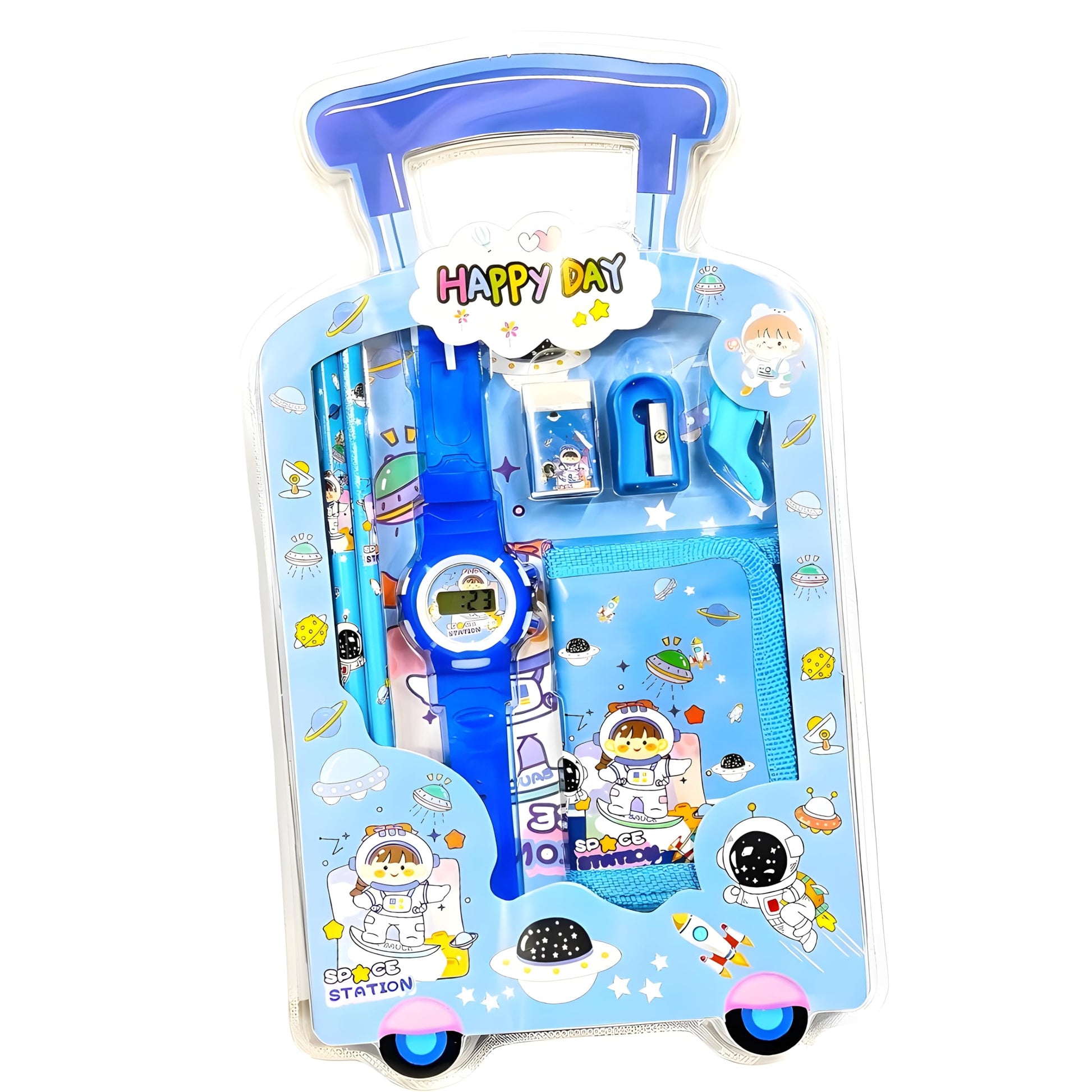 Gift Toyz Cartoon Stationery Kit For Kids | 7Piece School Set With Watch, Pouch, Pencils & Sharpener | Study Gift Pack For Chil