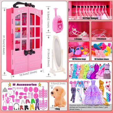 Ibayda 11.5 Inch Girl Doll With Doll Closet Wardrobe Clothes And Accessories Including Doll, Wardrobe, Mirror, Outfits, Dress, Shoes, Hangers, Handbags, Necklace, Crown And Dog (Include Doll)