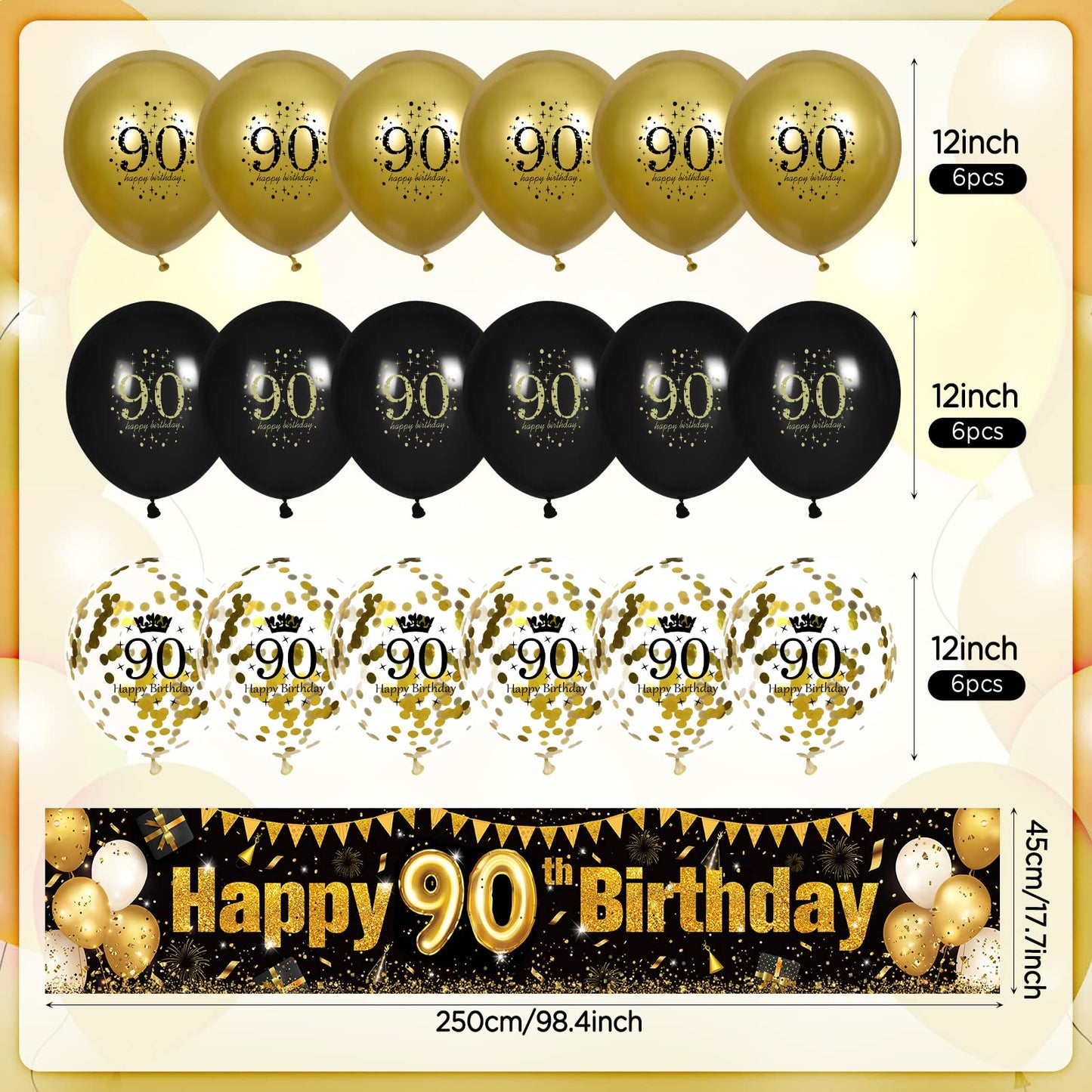 Black Gold 90Th Birthday Decorations For Men Women, Black And Gold Birthday Yard Banner Sign And 18 Pcs 90Th Happy Birthday Balloons For 90Th Anniversary Birthday Party Supplies Outdoor Yard Decor