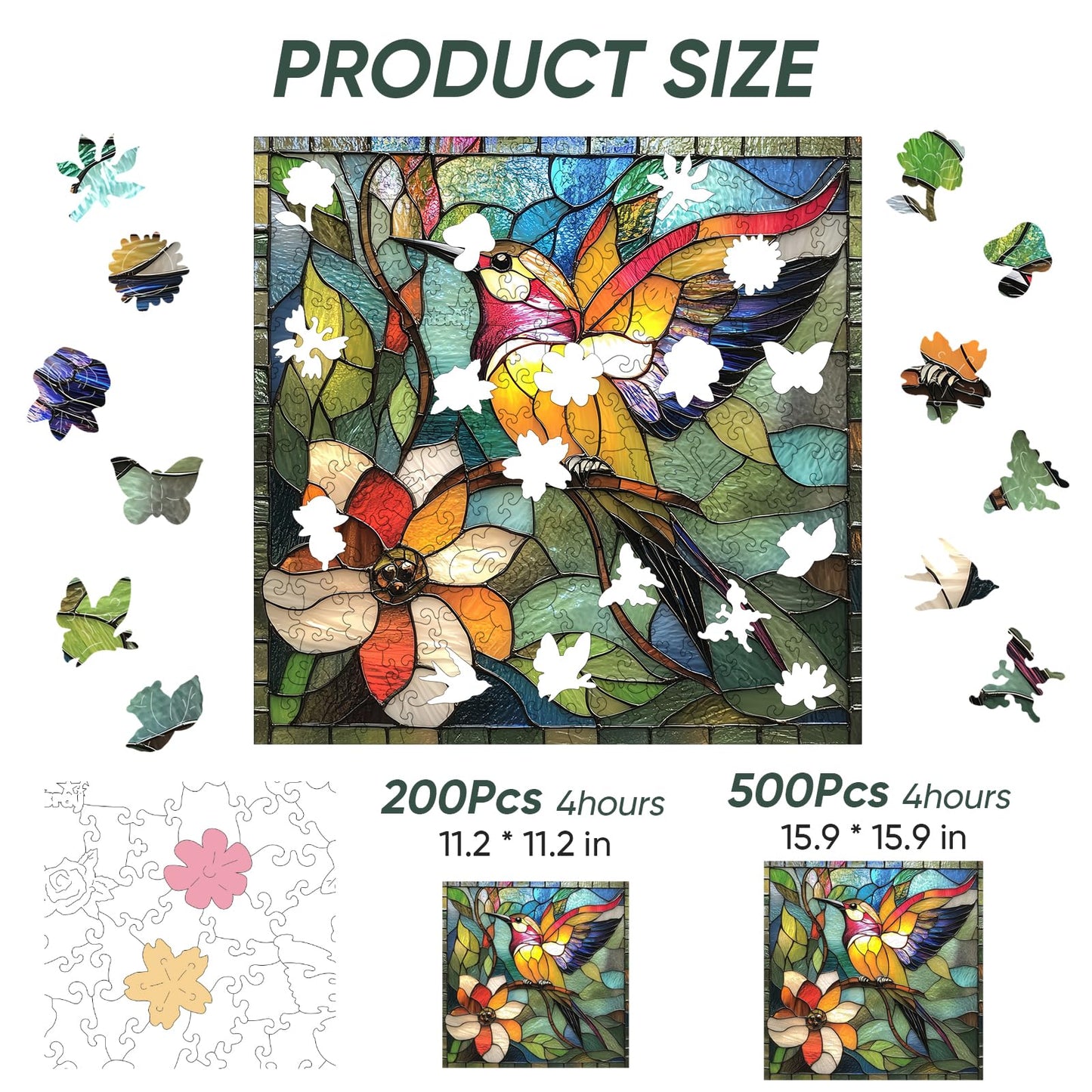 Qiuenisray Wooden Puzzles for mature-themeds  Hummingbird Flower Jigsaw Puzzles  Unique Shape mature-themed Puzzles  Irregular Christmas Thanksgiving Gifts for Family Friend(11.1 * 11.2 in-200pcs)