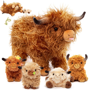 Ouozzz Highland Cow Stuffed Animal – Large Realistic Fluffy Cowplush Toy With 4 Baby Calves – Special Furry Material – Travel-Friendly & Portable Gift For Baby Girls, Boys, Toddlers & Kids 14.5'