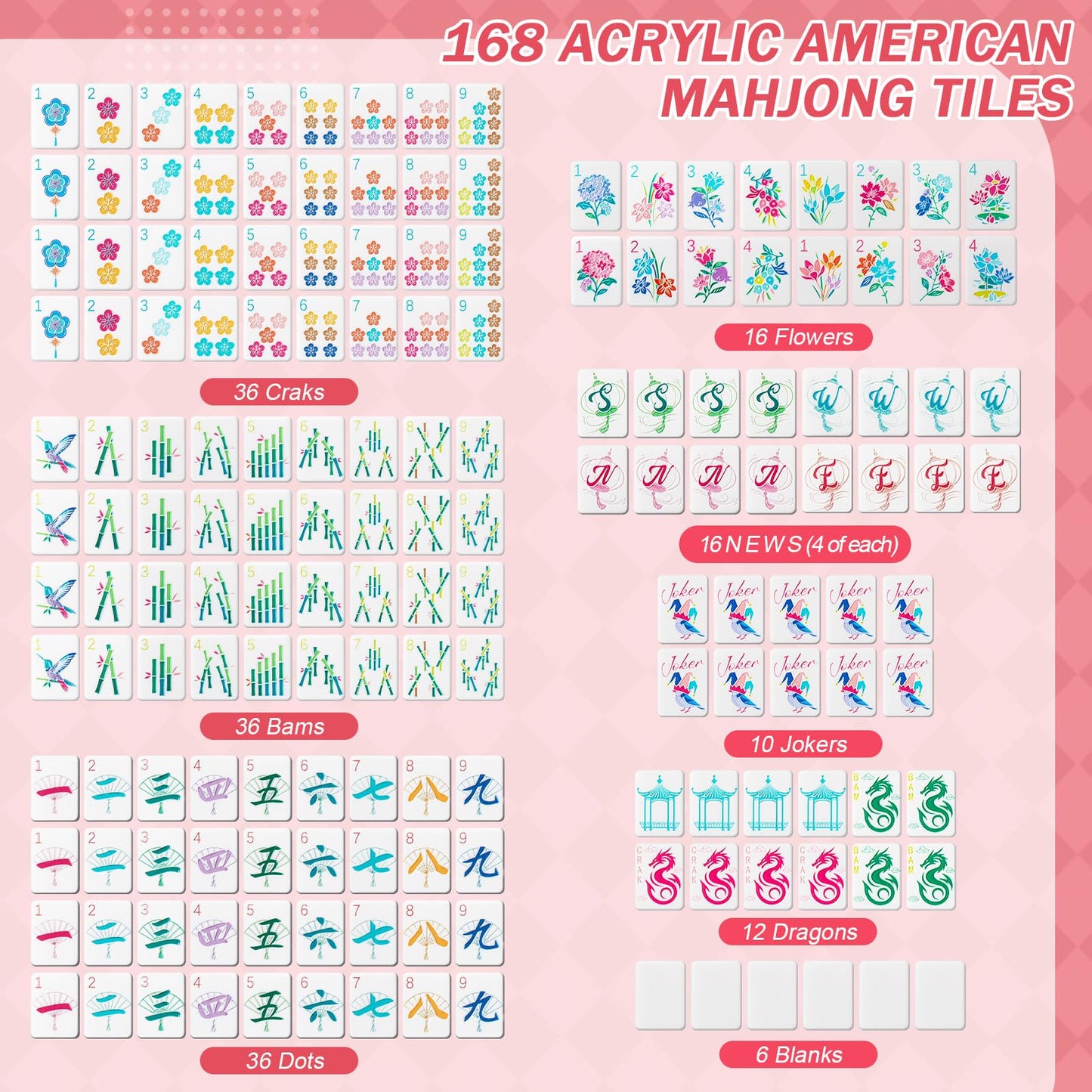 Soulchen 1.2 Inch Acrylic American Mahjong Set 168 Blossom Numbered Tiles  Tiles Bag and Portable Travel Case Classic Complete Mahjong Set for mature-themed Collection Gift(Pink)