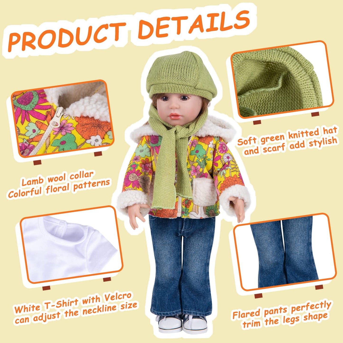 Rakki Dolli Doll Clothes Set 5 Pc. Set Includes Colorful Yellow Coat, Green Scarf And Hat, Blue Jeans & White T-Shirt Baby Doll