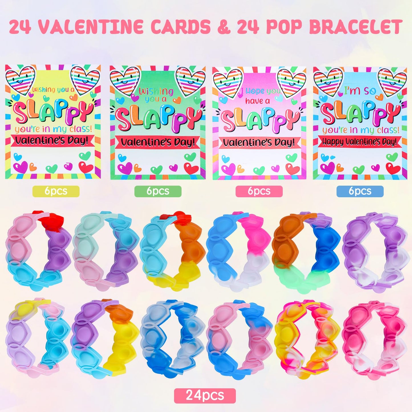 24 Packs Valentine Day Party Favors Kids, Heart Pop Fidget Toys Bulk Bracelets Cards for Kids School Classroom Prizes, Valentine