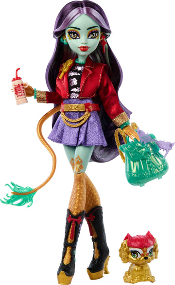 Monster High Jinafire Long Doll with Dragon, Pet Dog Cloudy, 7 Accessories, Multicolor, Model HYV58