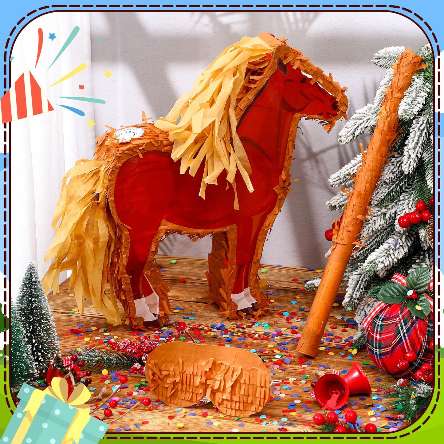 Jenaai Horse Piata 3D Horse Piata Set with Stick Blindfold and Confetti Pack Farm Bundle Cowboy for Birthday Party Game Favors S