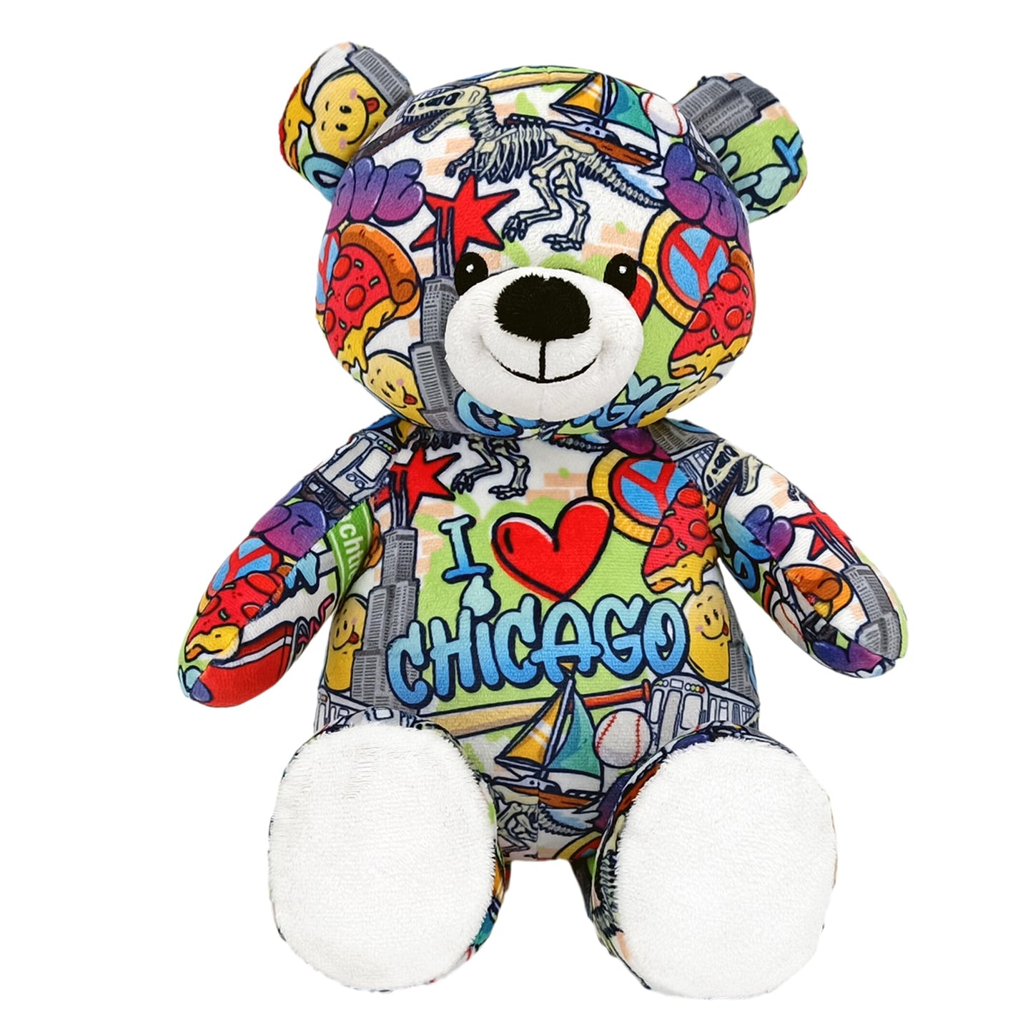 PLUSHOLOGY I Love Chicago Graffiti Teddy Bear Eco Friendly Stuffed Animal; Cuddly Soft Velboa Plush Animal for Kids 3 Years Old to mature-themeds; Child-Safe Embroidered Face Details (10 Tall When Seated)