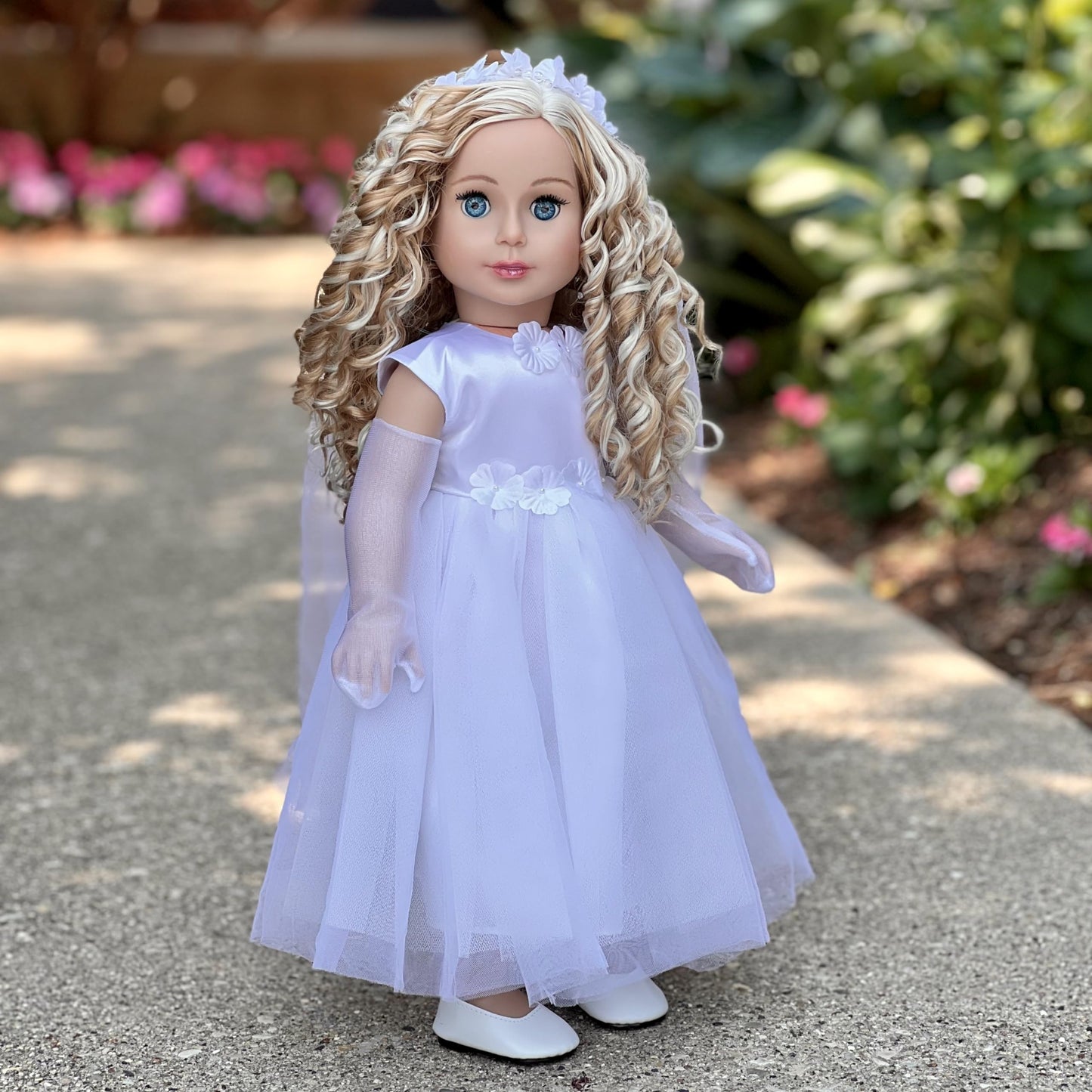 Dreamworld Collections Little Angel - 4 Piece 18 Inch Girl Doll Outfit - White Satin And Tule First Communion Dress With Long Gloves, Veil And White Shoes (Doll Not Included)