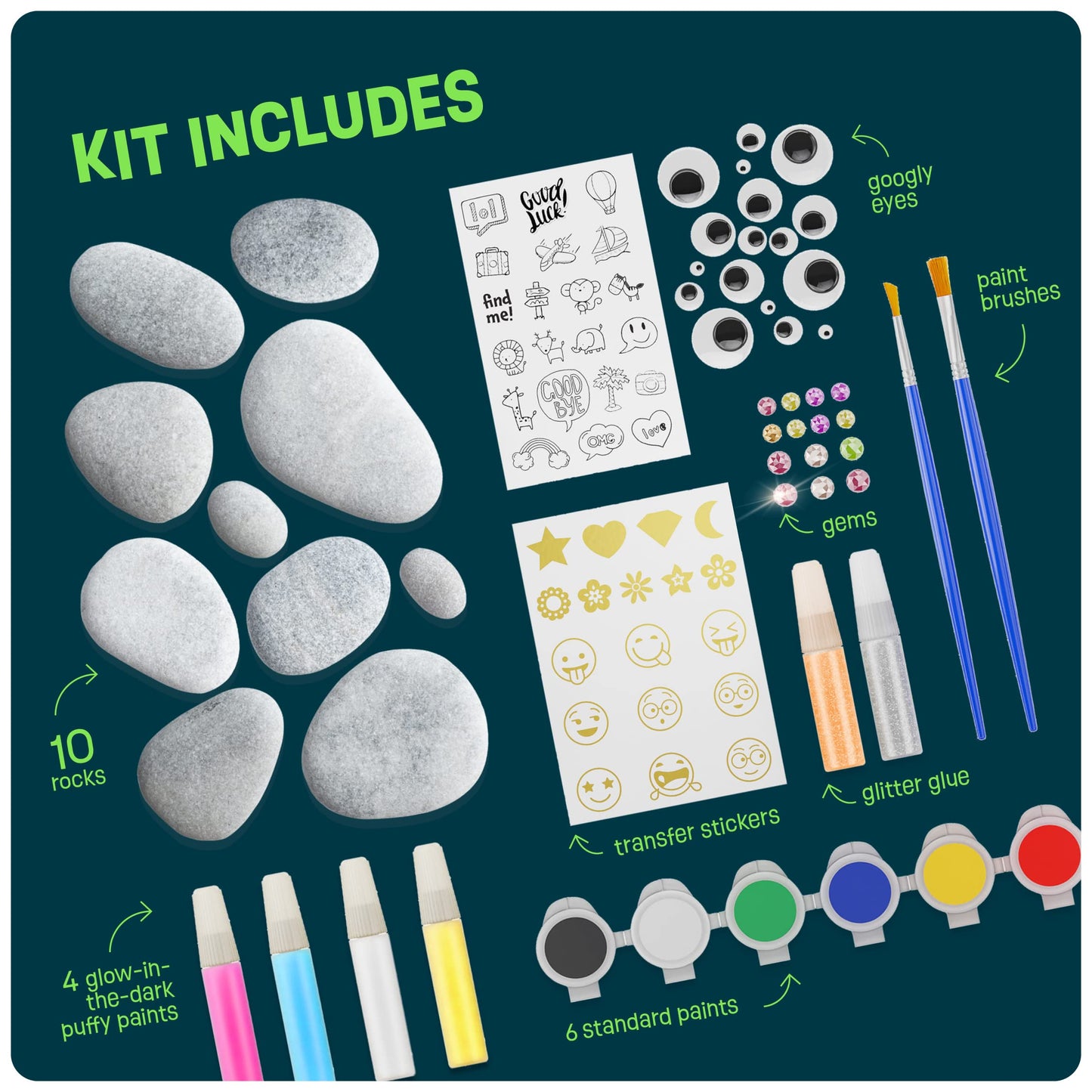 Dan&Darci Kids Rock Painting Kit - Glow in The Dark - Large Arts & Crafts Set for Ages 6-12 - Creative Gold, Silver, White Art Toys