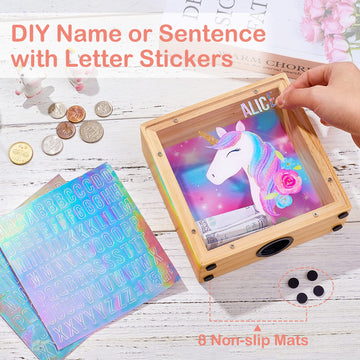 Wooden Piggy Bank For Kids Boys Girls, Diy Name Coin Bank Unicorn Dinosaur Money Bank With Letter Stickers