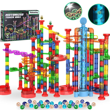 Glow In The Dark Marble Run 325Pcs Set With Motorized Elevator, Marble Maze Stem Toy With 113 Marbles, Construction Building Blo