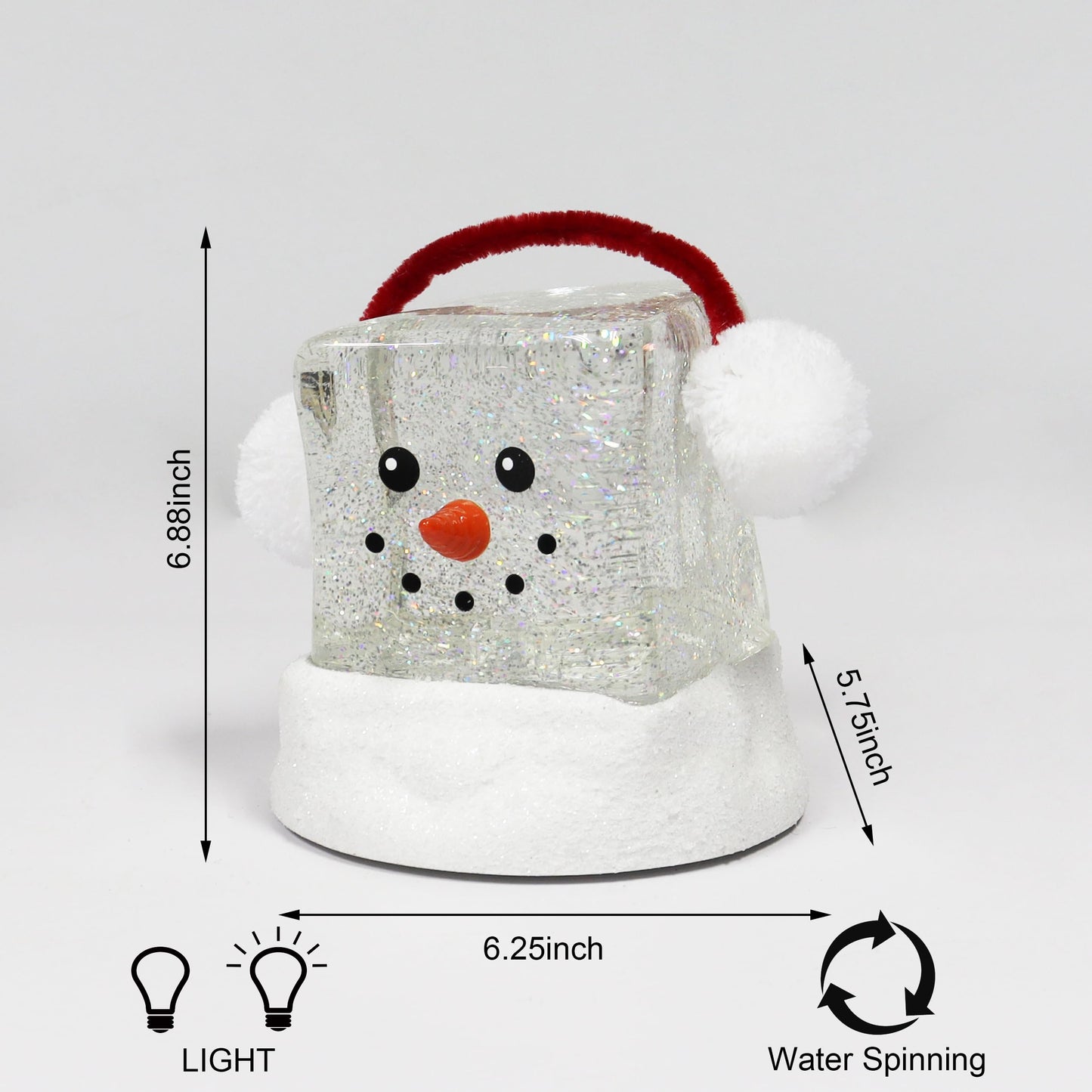 MOMENTS IN TIME 6.9H Acrylic Ice Cube Snowman - LED Lights, Water Spinning Glitter, Battery Operated