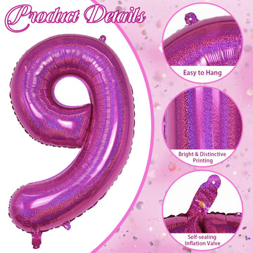 Laser Hot Pink Number 9 Balloons, Giant Foil Balloons 0-9 Set For Women Anniversary Party Decor, Self Inflating Dark Pink Helium