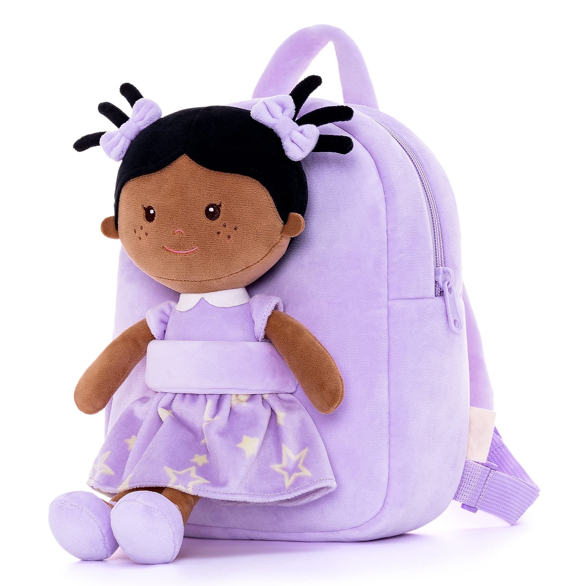Onetoo Toddler Kids Backpack With Soft Tanned Baby Dolls In Purple Star Dress 9.5''
