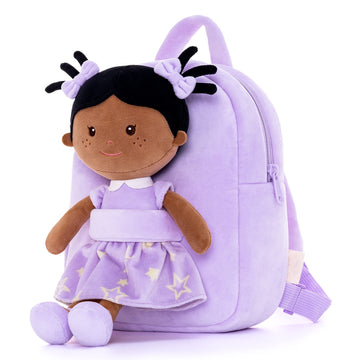 Onetoo Toddler Kids Backpack With Soft Tanned Baby Dolls In Purple Star Dress 9.5''