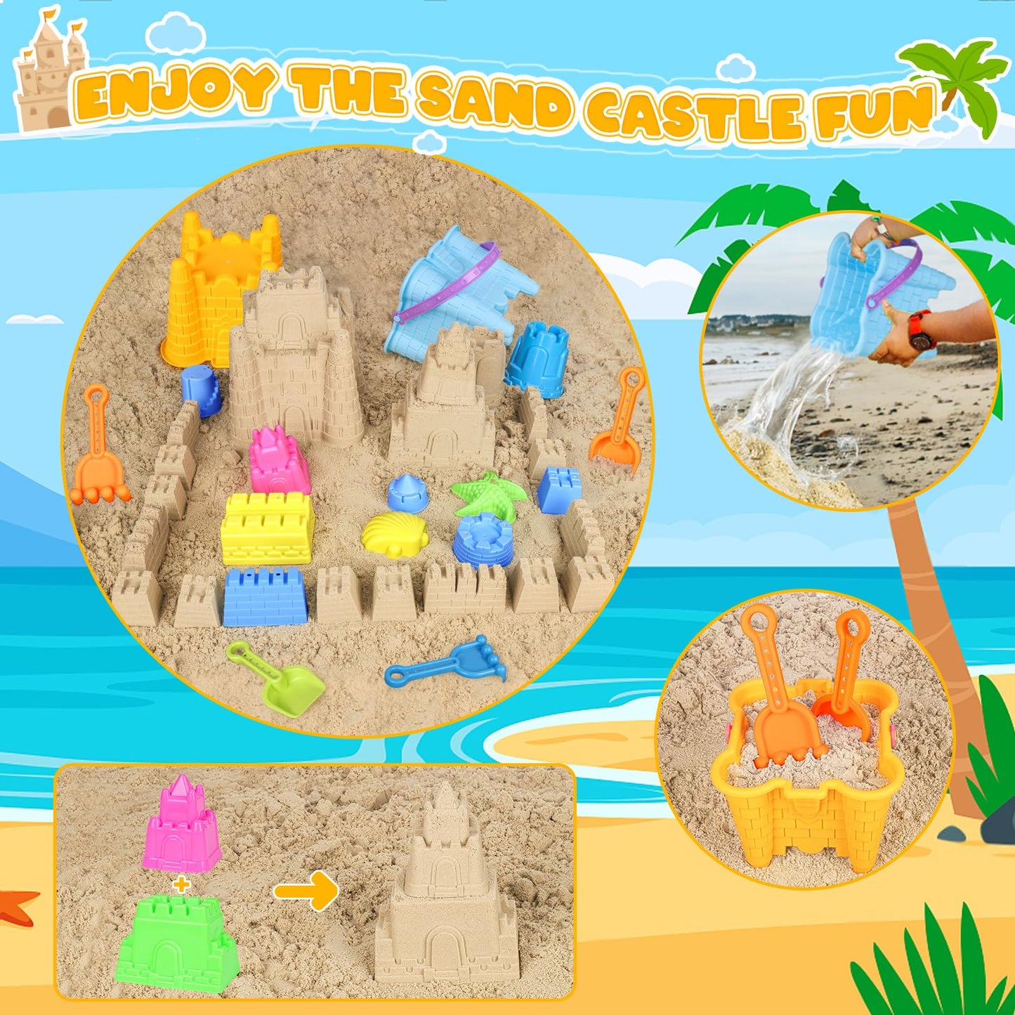 KUBUSFLY Beach Toys for Toddlers, Sand Castle Toys with 2 Sand Bucket, 2 Mesh Bag, 4 Sand Shovels & Sand Molds, Travel Sand Toys