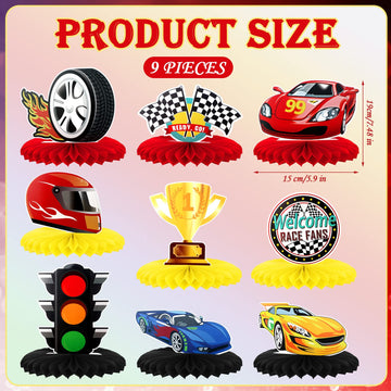 9 Pieces Race Car Party Decorations Race Car Honeycomb Centerpieces Racing Party Table Decor Double-Sided Cars Photo Booth Props