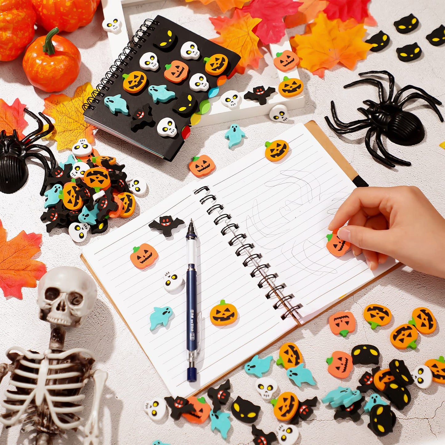 Tenare 150 Pcs Halloween Mini Erasers Mini Eraser Assortment Pumpkin Ghost Bat Mini Erasers for Trick or Treat Halloween Party F