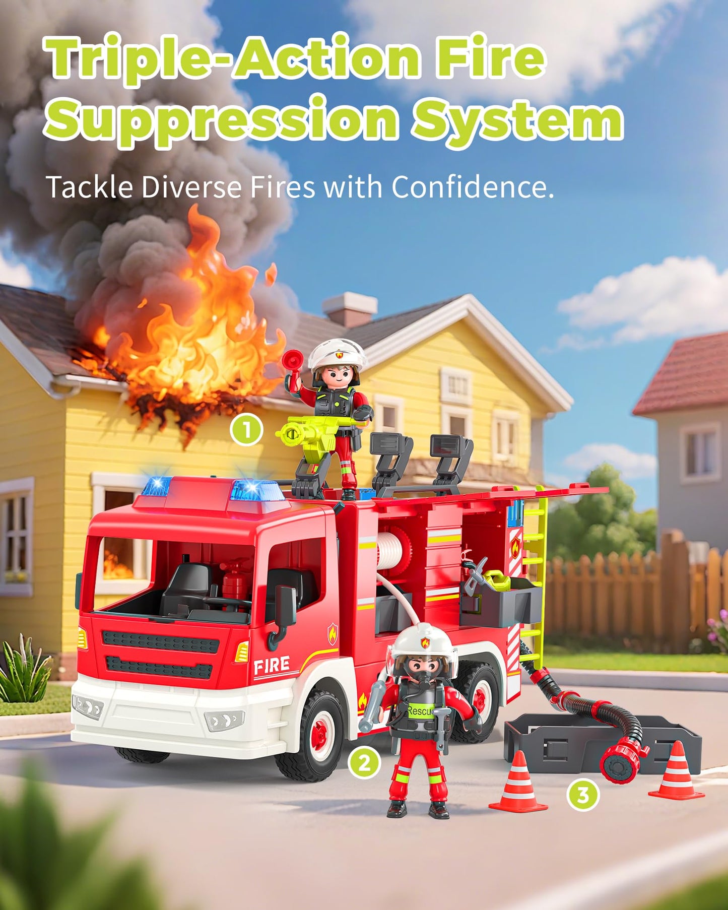 Coroiesty Large Fire Truck Toy - 14.57"x8.27"x5.51", Plastic, Lights & Siren Sounds, DIY Rescue Vehicle for Kids 3-8 Years Old