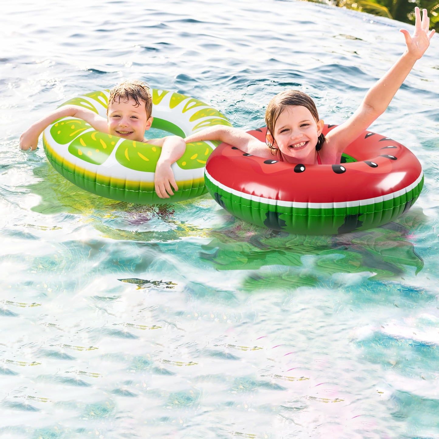 90Shine 4Pcs Fruit Pool Floats: Watermelon Kiwi Orange Lime Swimming Rings - Inflatable Tubes Floaties Toys For Kids Adults