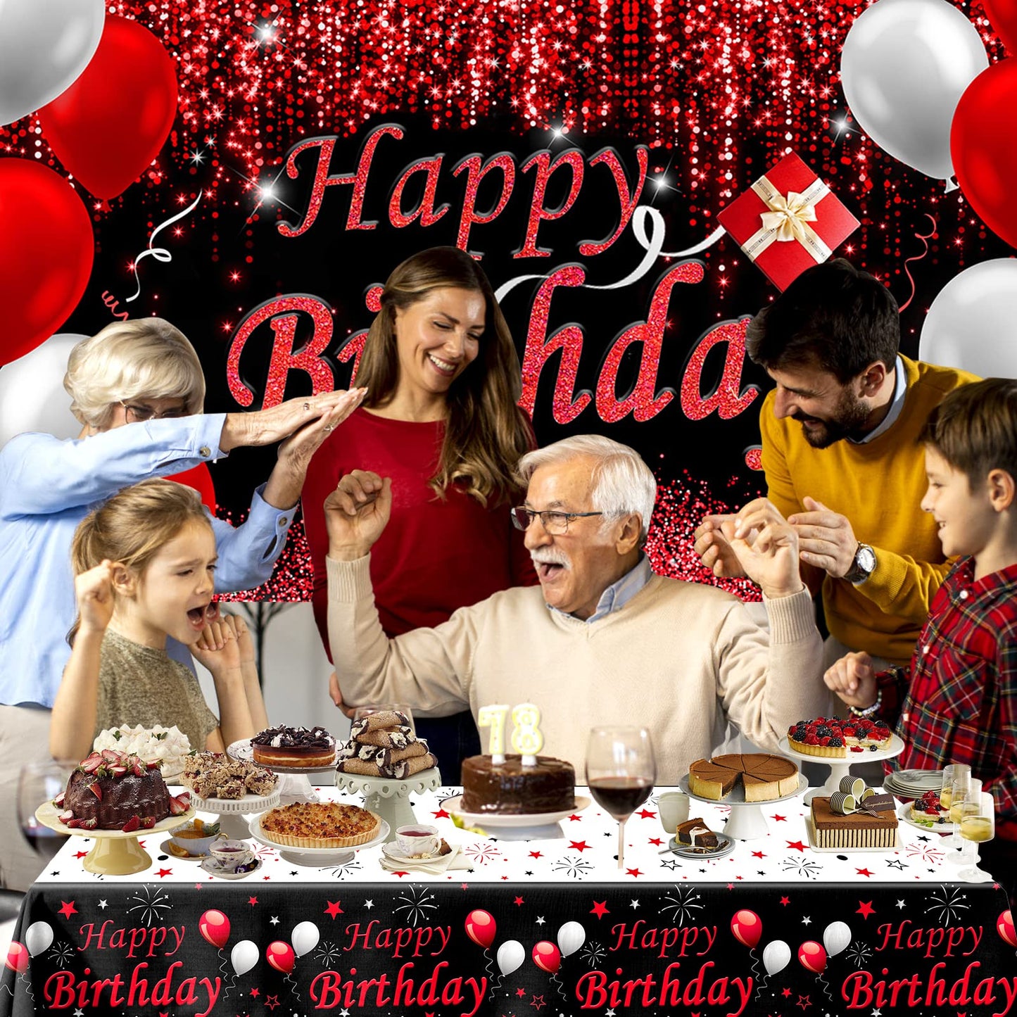 Red And Black Party Decorations, Happy Birthday Decorations For Men Women With Photography Backdrop & Tablecloth Balloons Arch Kit Banner Birthday Party Supplies Bday Decor With Table Cover