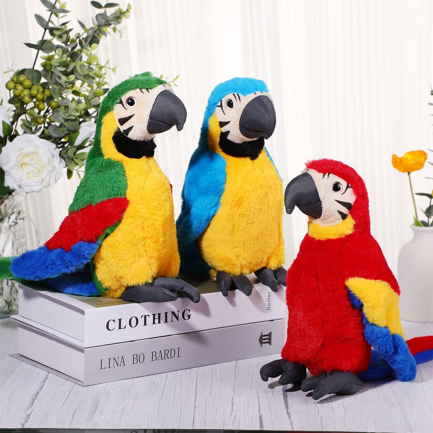 Jexine 3 Pcs Macaw Parrot Plush Toy Soft Stuffed Animal Toy Bird Stuffed Animal Blue Red Stuffed Parrot For Gifts Doll, 9.8 Inch