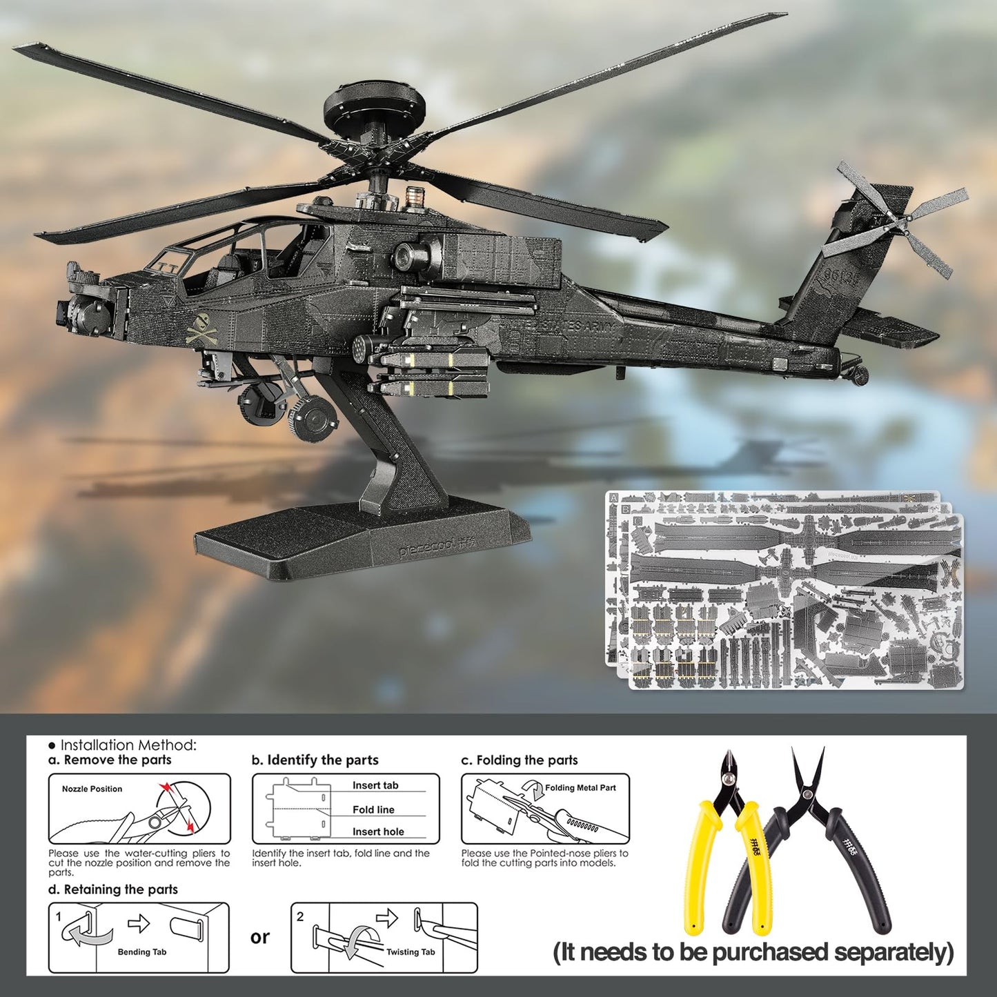 Piececool 3D Metal Model Kits, Ah-64 Apache Military Helicopter Airplane Models Building Kits For Adults And Teens Men Hobbies Diy Brain Teaser Puzzles, Great Birthday Gifts, 145 Pcs
