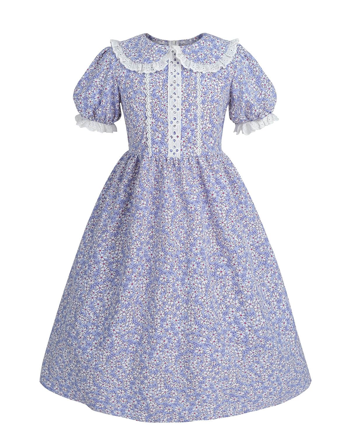 Nuoqi Colonial Costume Girls Prairie Pioneer Dress Laura Ingalls Wilder Costume With Apron Purple, 4-5